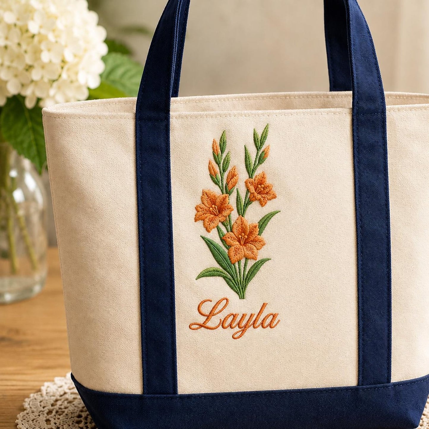 Custom Embroidered Birth Month Flower Tote Bag, Personalized Floral Canvas Bag, Botanical Birthday Gift For Her, Custom Name Bridesmaid Tote