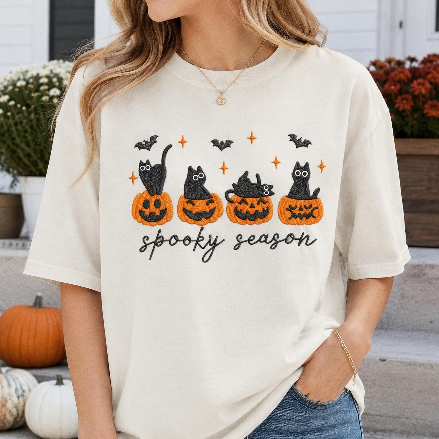 Embroidered Black Cat Halloween Shirt, Comfort Colors Cat Lover Gift, Spooky Season Tee, Cute Pumpkin Cat Shirt, Autumn Witchy Sweatshirt