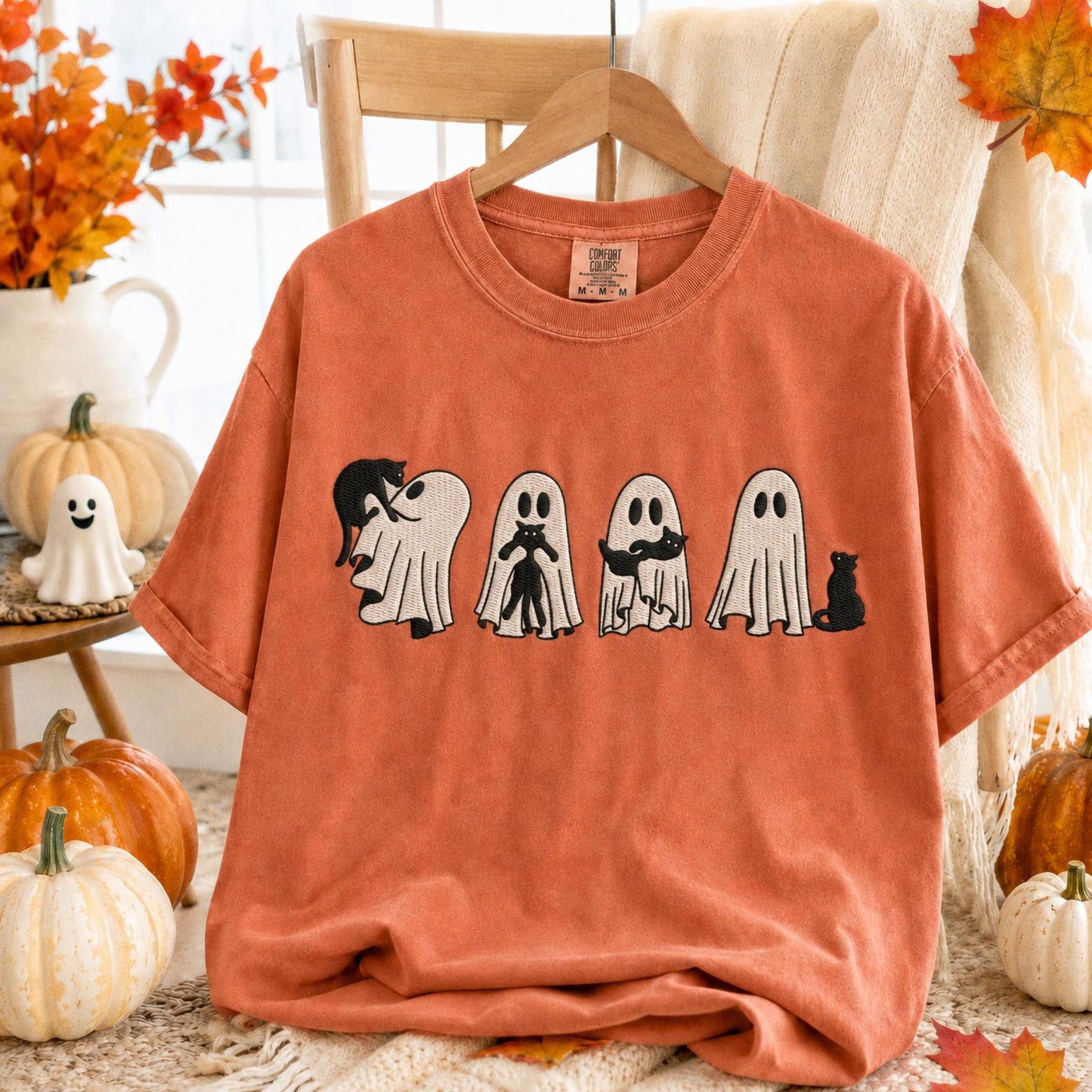 Embroidered Ghost Black Cat Shirt, Halloween Comfort Colors Tee, Spooky Season Gift, Fall Cat Shirt for Her, Cute Ghost Cat Crewneck