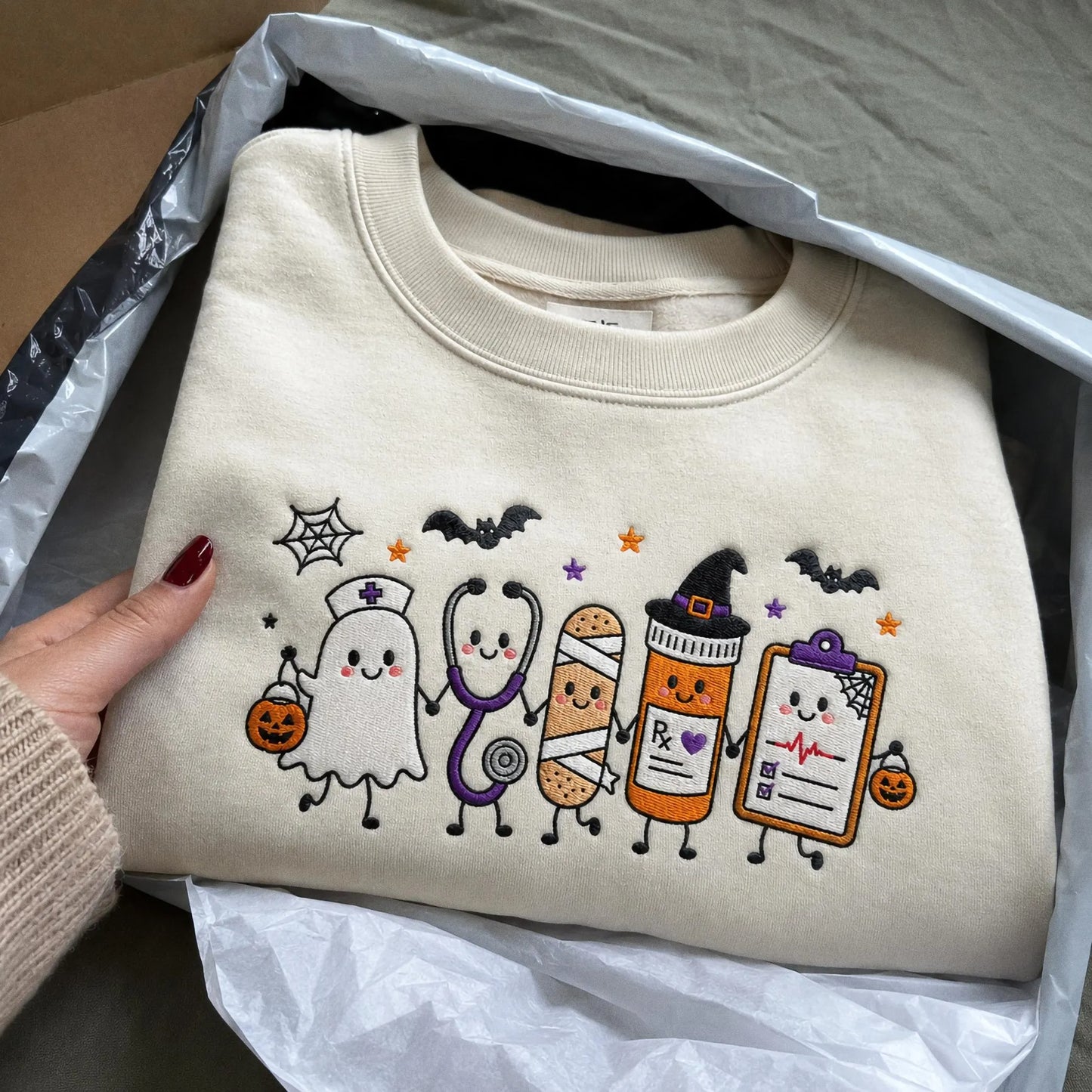 Halloween Nurse Embroidered Sweatshirt, Spooky Nurse Hoodie, Cute Ghost Nurse Shirt, RN Fall Crewneck, Embroidered Medical Gift