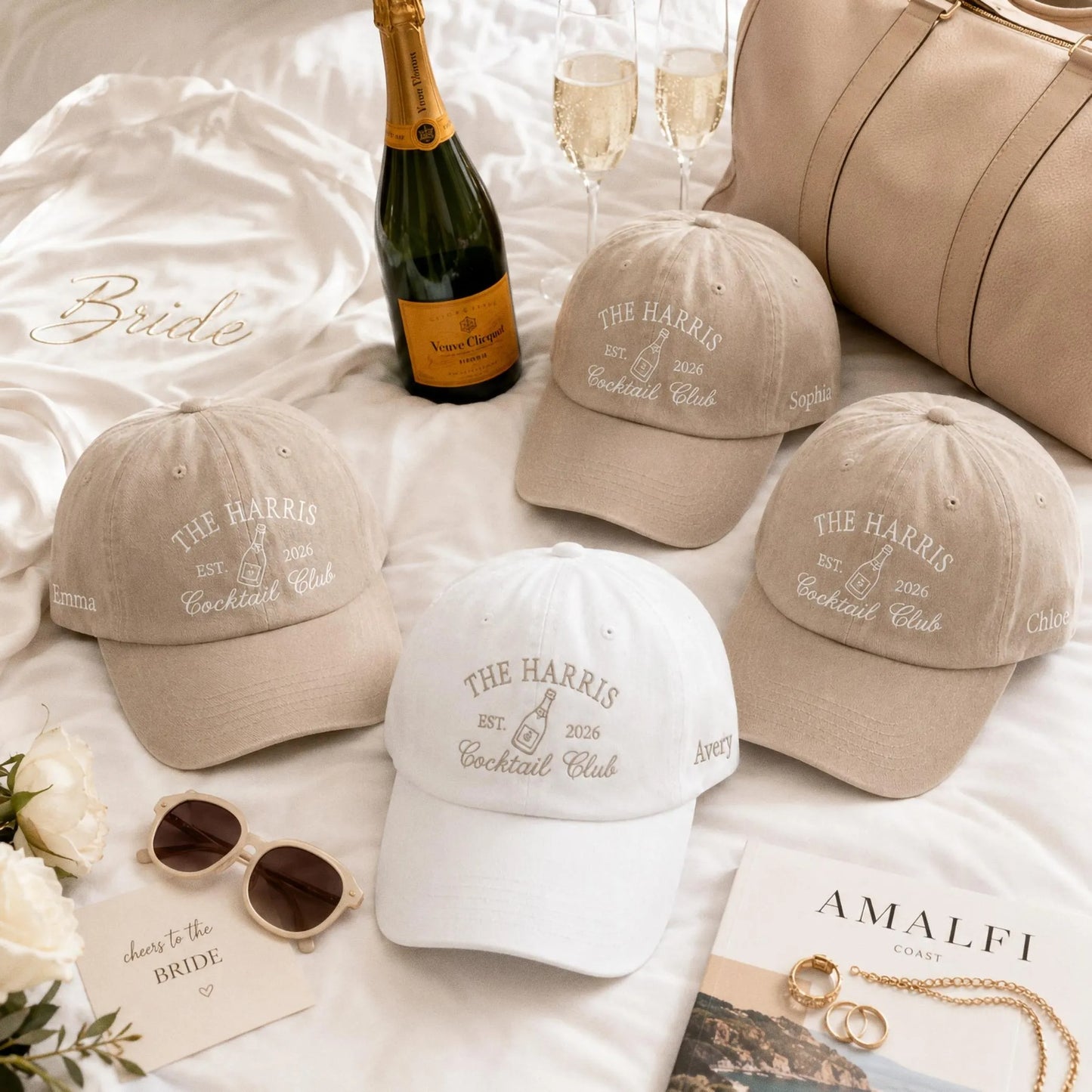 Personalized Happy Camper Bride Hat, Embroidered Camp Bachelorette Party Cap, Custom Bridal Party Gift, Camping Bach Weekend Wedding Favor