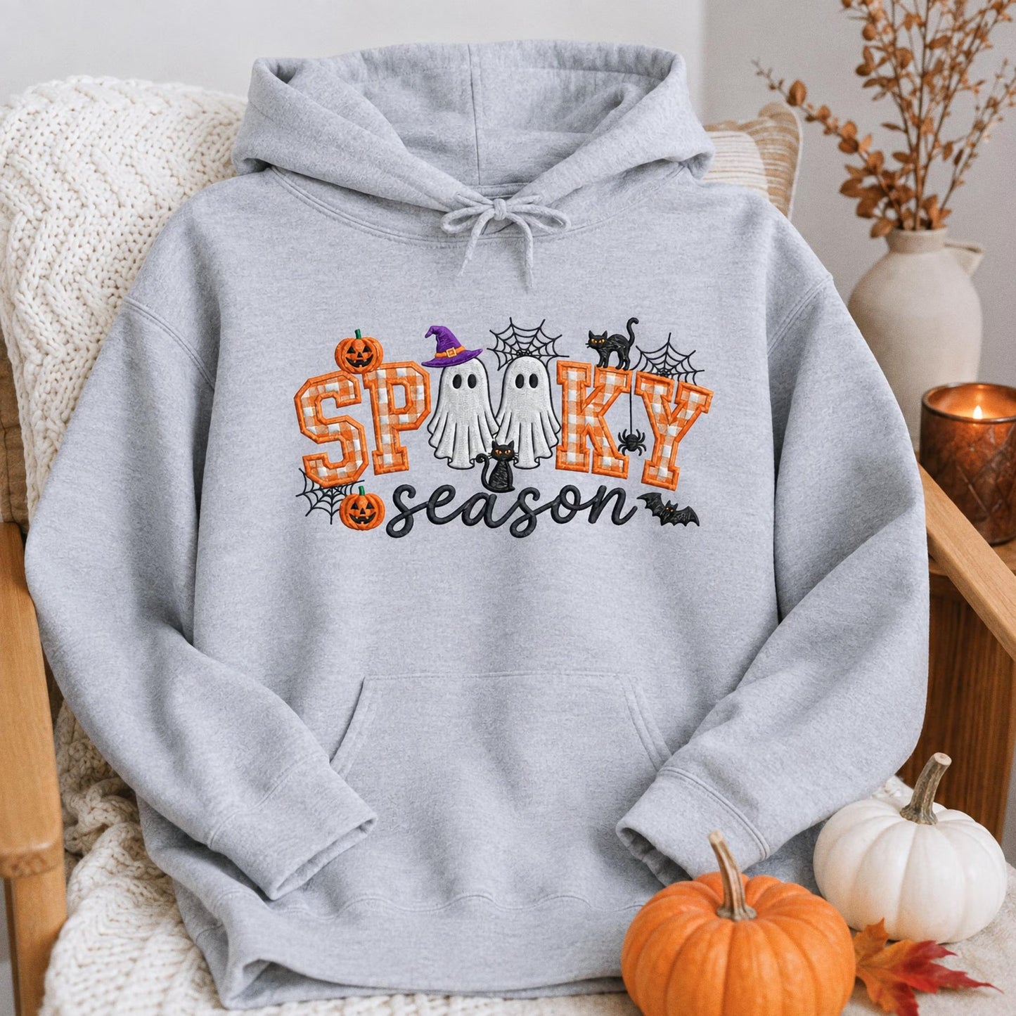Spooky Season Embroidered Sweatshirt, Coquette Halloween Crewneck, Cute Ghost Cat Shirt, Cozy Fall Lover Gift, Witchy Aesthetic Hoodie