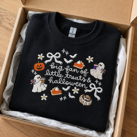 Big Fan Of Little Treats Embroidered Halloween Crewneck, Cute Ghost Pumpkin Sweatshirt, Spooky Season Outfit, Cozy Fall Lover Gift
