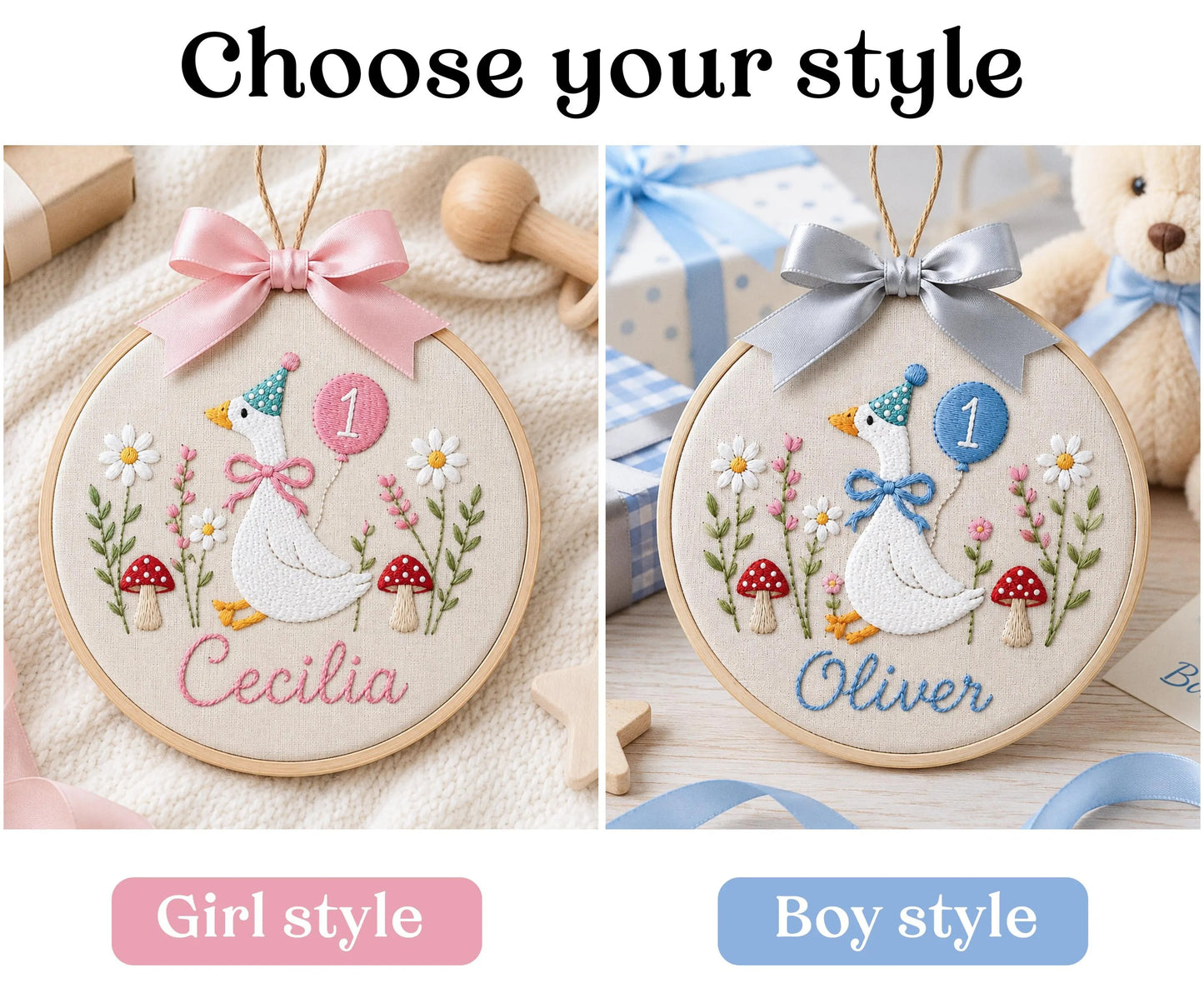 Custom Silly Goose Baby Name Age Embroidery Ornament, Storybook Nursery Hoop, Newborn Keepsake, Personalized Baby Gift
