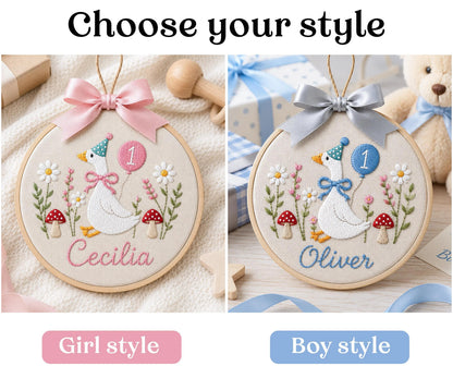 Custom Silly Goose Baby Name Age Embroidery Ornament, Storybook Nursery Hoop, Newborn Keepsake, Personalized Baby Gift