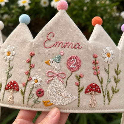 Custom Silly Goose Linen Crown, Hand Embroidered Baby Birthday Hat, Personalized 1st Birthday Keepsake Gift, Smash Cake Photoshoot Prop