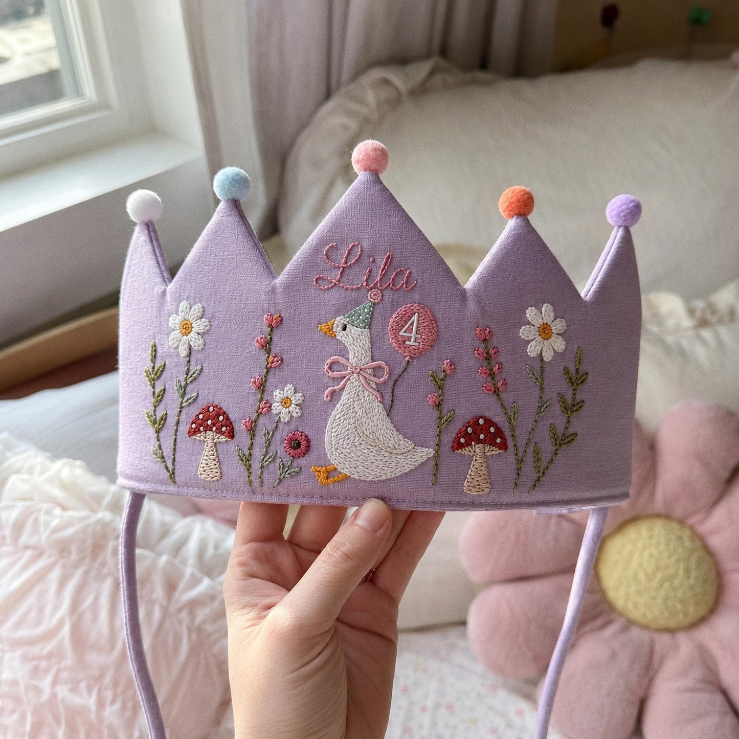 Custom Silly Goose Linen Crown, Hand Embroidered Baby Birthday Hat, Personalized 1st Birthday Keepsake Gift, Smash Cake Photoshoot Prop