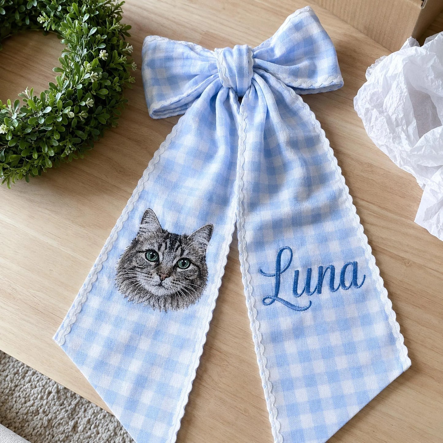 Custom Pet Portrait Wreath Sash, Personalized Dog Name Bow, Embroidered Monogram Front Door Decor, Housewarming Pet Lover Gift
