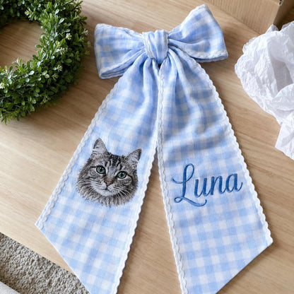 Custom Pet Portrait Wreath Sash, Personalized Dog Name Bow, Embroidered Monogram Front Door Decor, Housewarming Pet Lover Gift