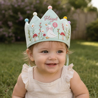 Custom Silly Goose Linen Crown, Hand Embroidered Baby Birthday Hat, Personalized 1st Birthday Keepsake Gift, Smash Cake Photoshoot Prop