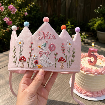 Custom Silly Goose Linen Crown, Hand Embroidered Baby Birthday Hat, Personalized 1st Birthday Keepsake Gift, Smash Cake Photoshoot Prop