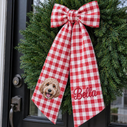 Custom Pet Portrait Wreath Sash, Personalized Dog Name Bow, Embroidered Monogram Front Door Decor, Housewarming Pet Lover Gift
