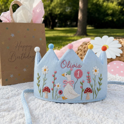 Custom Silly Goose Linen Crown, Hand Embroidered Baby Birthday Hat, Personalized 1st Birthday Keepsake Gift, Smash Cake Photoshoot Prop