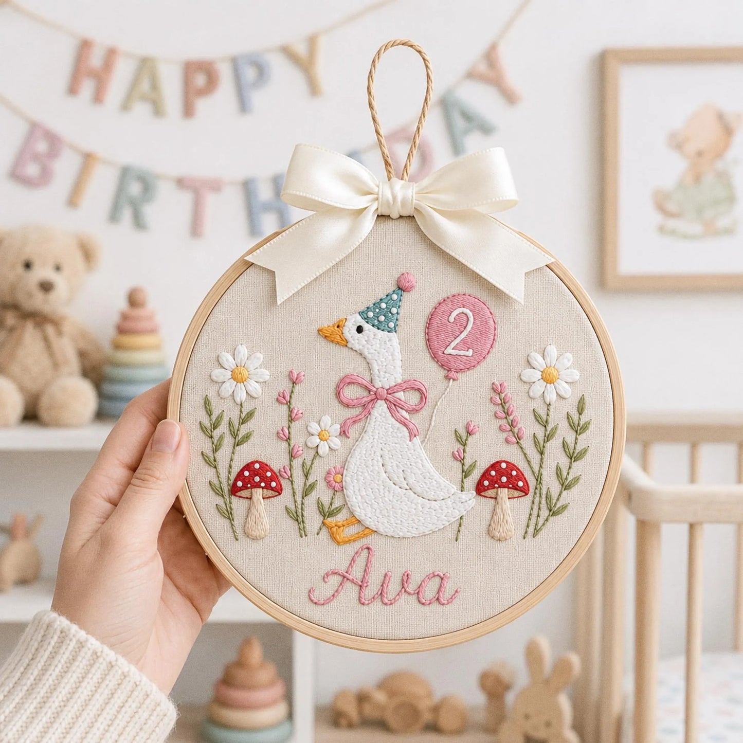 Custom Silly Goose Baby Name Age Embroidery Ornament, Storybook Nursery Hoop, Newborn Keepsake, Personalized Baby Gift