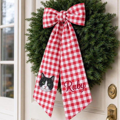 Custom Pet Portrait Wreath Sash, Personalized Dog Name Bow, Embroidered Monogram Front Door Decor, Housewarming Pet Lover Gift