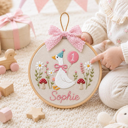 Custom Silly Goose Baby Name Age Embroidery Ornament, Storybook Nursery Hoop, Newborn Keepsake, Personalized Baby Gift