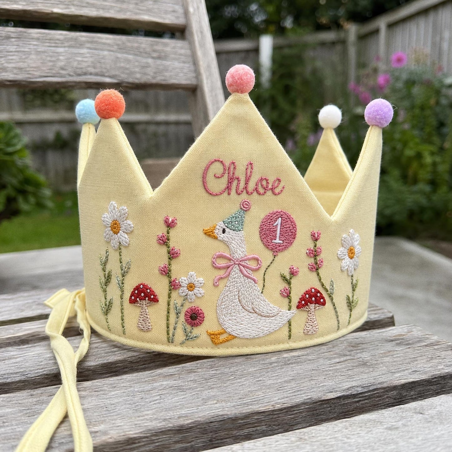 Custom Silly Goose Linen Crown, Hand Embroidered Baby Birthday Hat, Personalized 1st Birthday Keepsake Gift, Smash Cake Photoshoot Prop