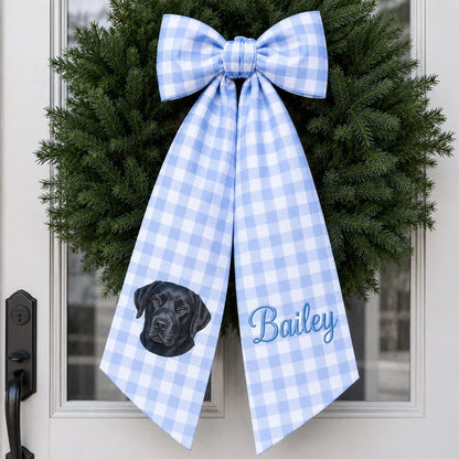 Custom Pet Portrait Wreath Sash, Personalized Dog Name Bow, Embroidered Monogram Front Door Decor, Housewarming Pet Lover Gift