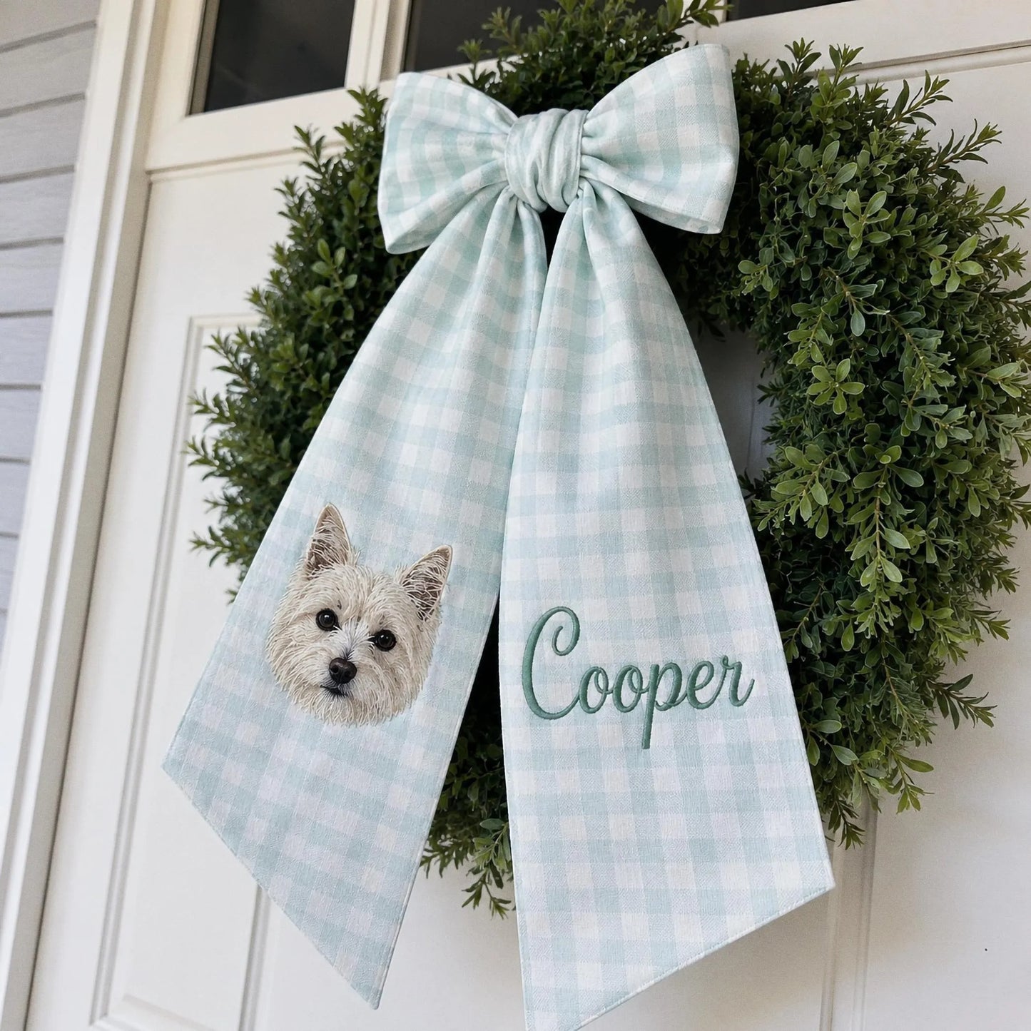 Custom Pet Portrait Wreath Sash, Personalized Dog Name Bow, Embroidered Monogram Front Door Decor, Housewarming Pet Lover Gift