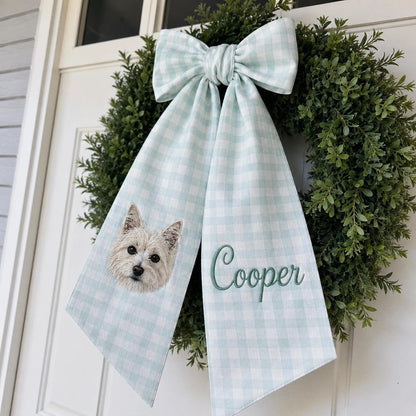 Custom Pet Portrait Wreath Sash, Personalized Dog Name Bow, Embroidered Monogram Front Door Decor, Housewarming Pet Lover Gift
