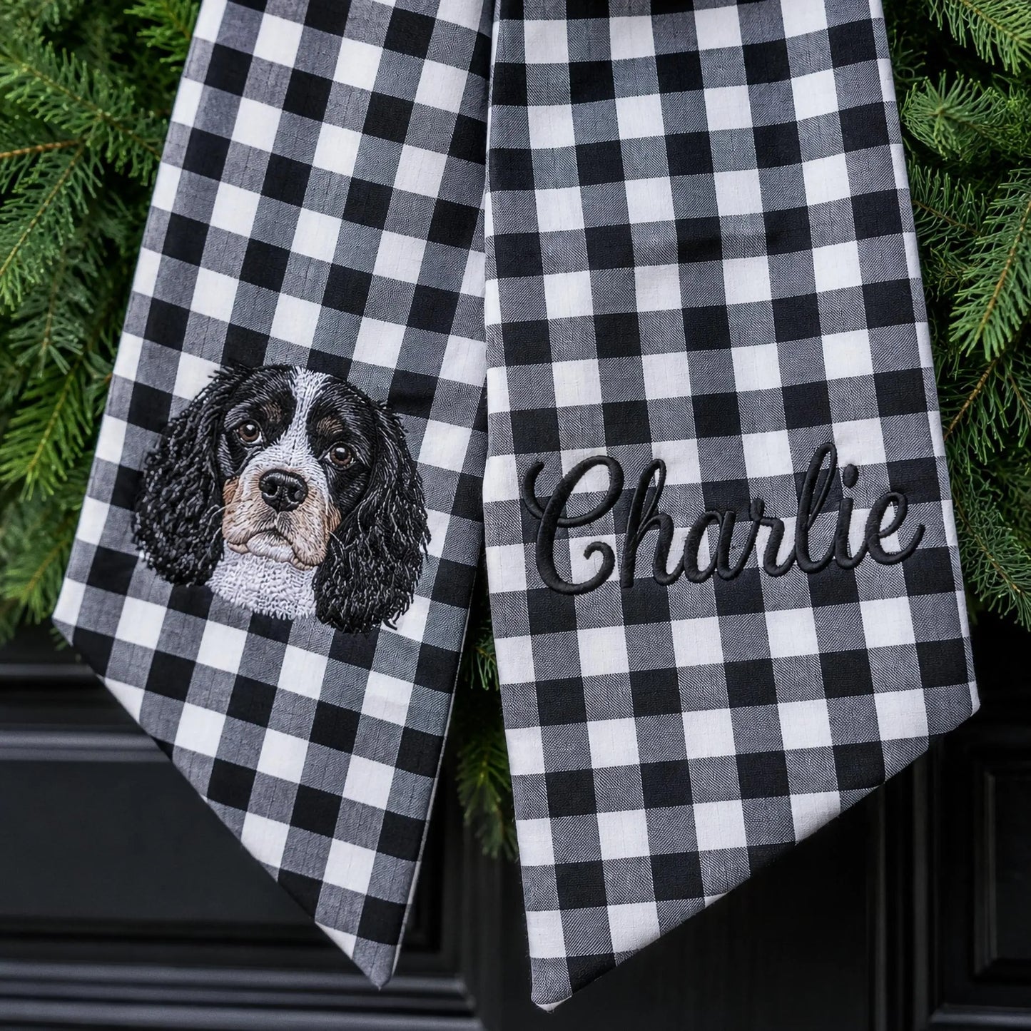 Custom Pet Portrait Wreath Sash, Personalized Dog Name Bow, Embroidered Monogram Front Door Decor, Housewarming Pet Lover Gift
