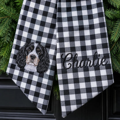 Custom Pet Portrait Wreath Sash, Personalized Dog Name Bow, Embroidered Monogram Front Door Decor, Housewarming Pet Lover Gift