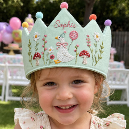Custom Silly Goose Linen Crown, Hand Embroidered Baby Birthday Hat, Personalized 1st Birthday Keepsake Gift, Smash Cake Photoshoot Prop