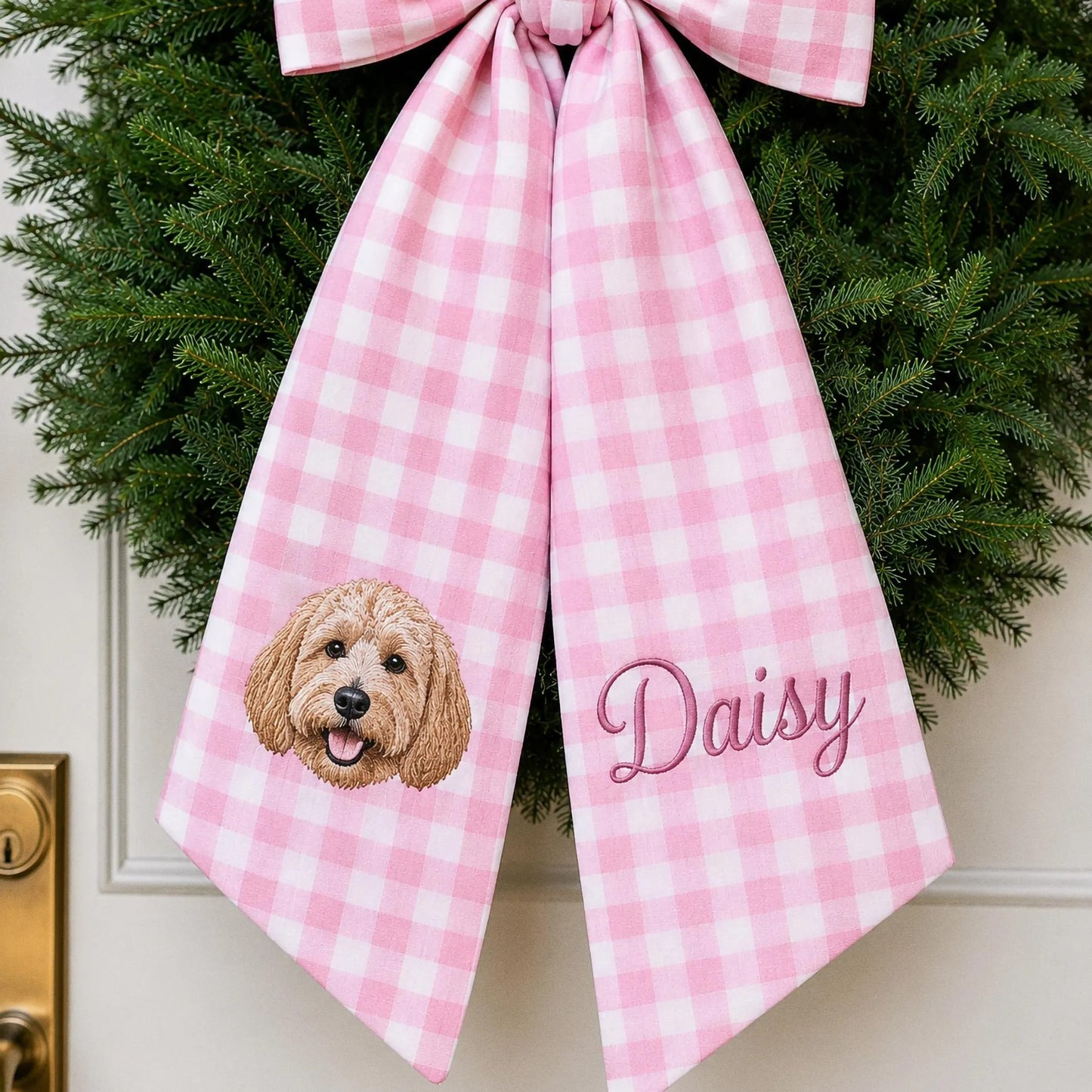 Custom Pet Portrait Wreath Sash, Personalized Dog Name Bow, Embroidered Monogram Front Door Decor, Housewarming Pet Lover Gift