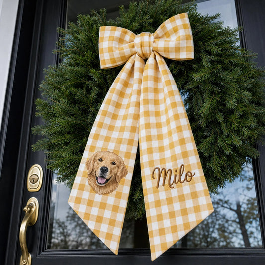 Custom Pet Portrait Wreath Sash, Personalized Dog Name Bow, Embroidered Monogram Front Door Decor, Housewarming Pet Lover Gift