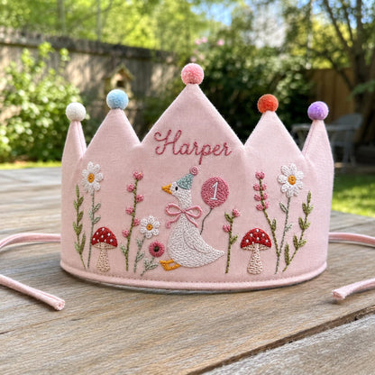 Custom Silly Goose Linen Crown, Hand Embroidered Baby Birthday Hat, Personalized 1st Birthday Keepsake Gift, Smash Cake Photoshoot Prop