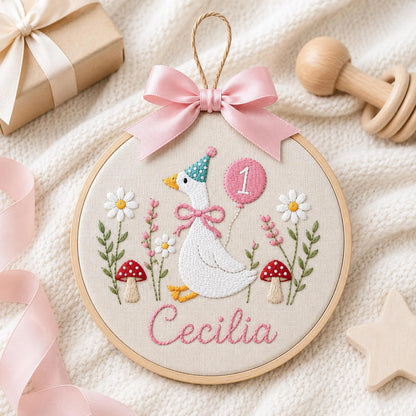 Custom Silly Goose Baby Name Age Embroidery Ornament, Storybook Nursery Hoop, Newborn Keepsake, Personalized Baby Gift