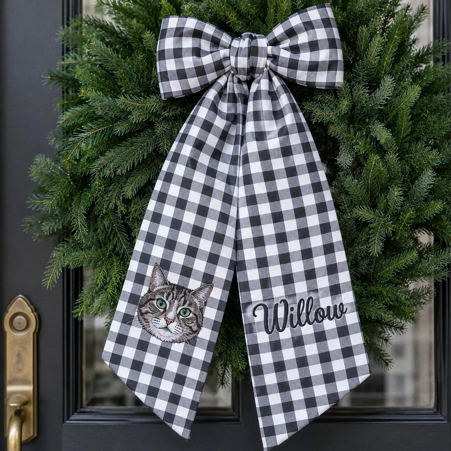 Custom Pet Portrait Wreath Sash, Personalized Dog Name Bow, Embroidered Monogram Front Door Decor, Housewarming Pet Lover Gift