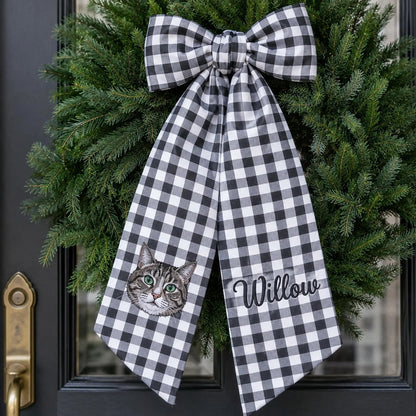 Custom Pet Portrait Wreath Sash, Personalized Dog Name Bow, Embroidered Monogram Front Door Decor, Housewarming Pet Lover Gift