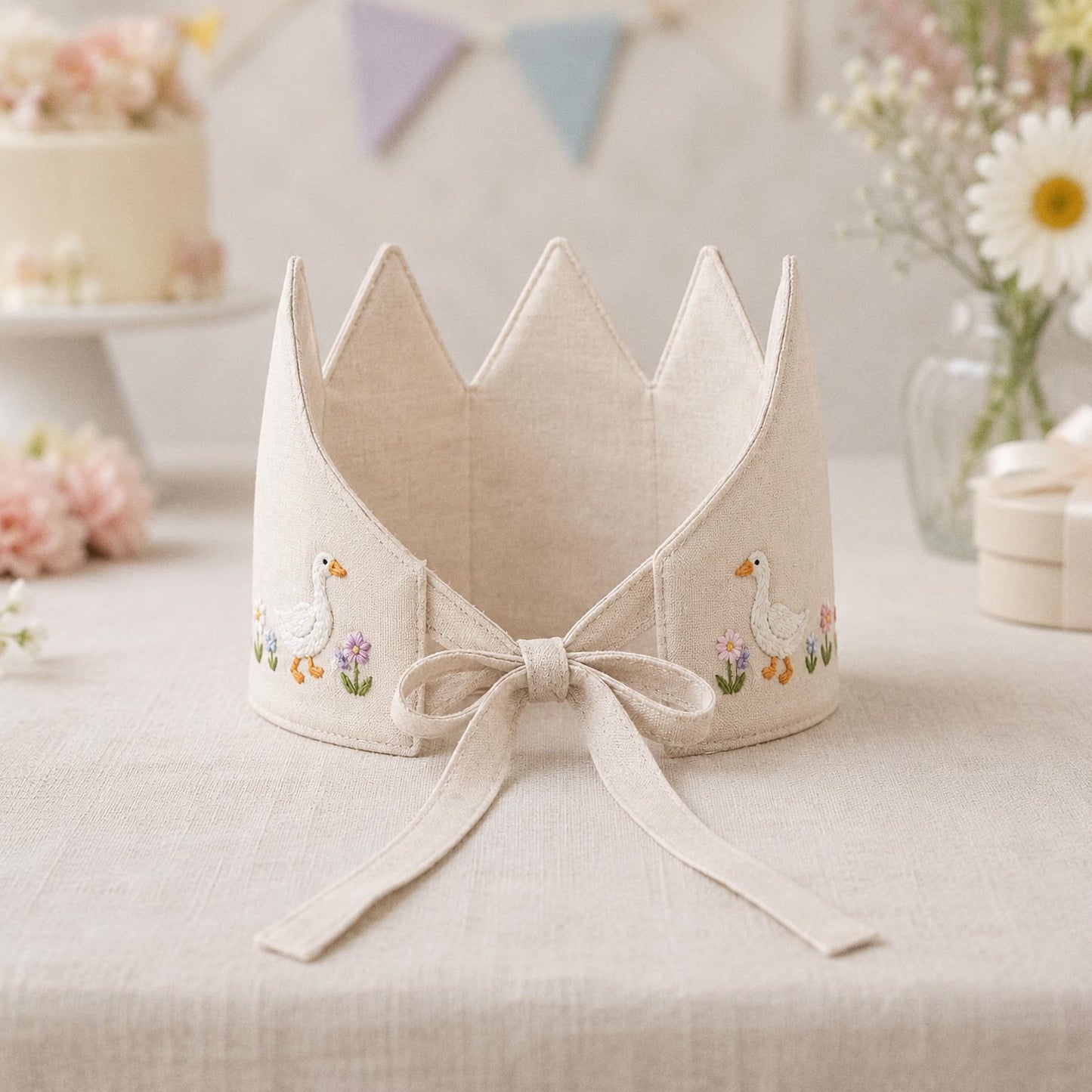 Custom Silly Goose Linen Crown, Hand Embroidered Baby Birthday Hat, Personalized 1st Birthday Keepsake Gift, Smash Cake Photoshoot Prop (Copy)