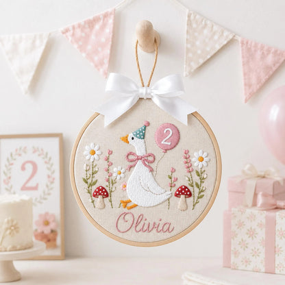 Custom Silly Goose Baby Name Age Embroidery Ornament, Storybook Nursery Hoop, Newborn Keepsake, Personalized Baby Gift