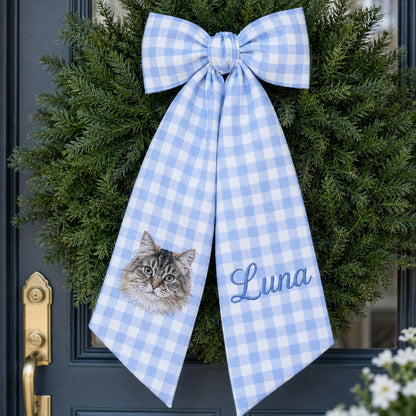Custom Pet Portrait Wreath Sash, Personalized Dog Name Bow, Embroidered Monogram Front Door Decor, Housewarming Pet Lover Gift