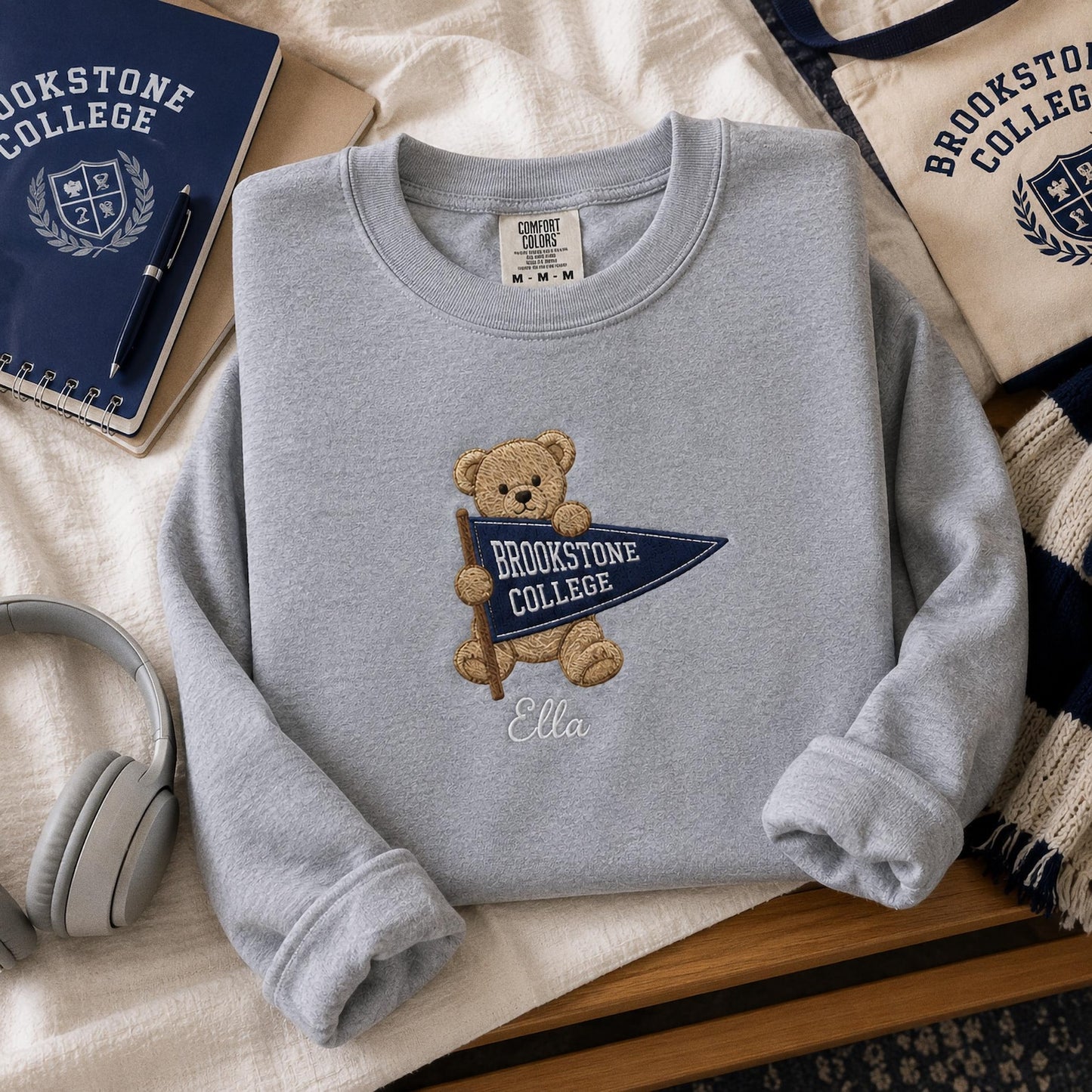 Custom College Pennant Bear Sweatshirt, Personalized University Mascot Shirt, Embroidered School Spirit Crewneck, Graduation Gift