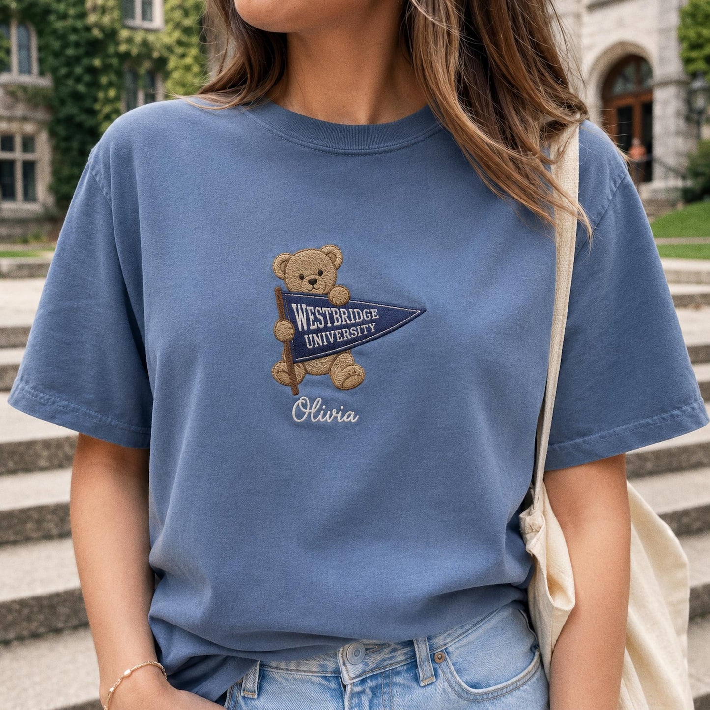 Custom College Pennant Bear Sweatshirt, Personalized University Mascot Shirt, Embroidered School Spirit Crewneck, Graduation Gift
