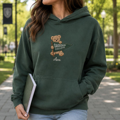 Custom College Pennant Bear Sweatshirt, Personalized University Mascot Shirt, Embroidered School Spirit Crewneck, Graduation Gift