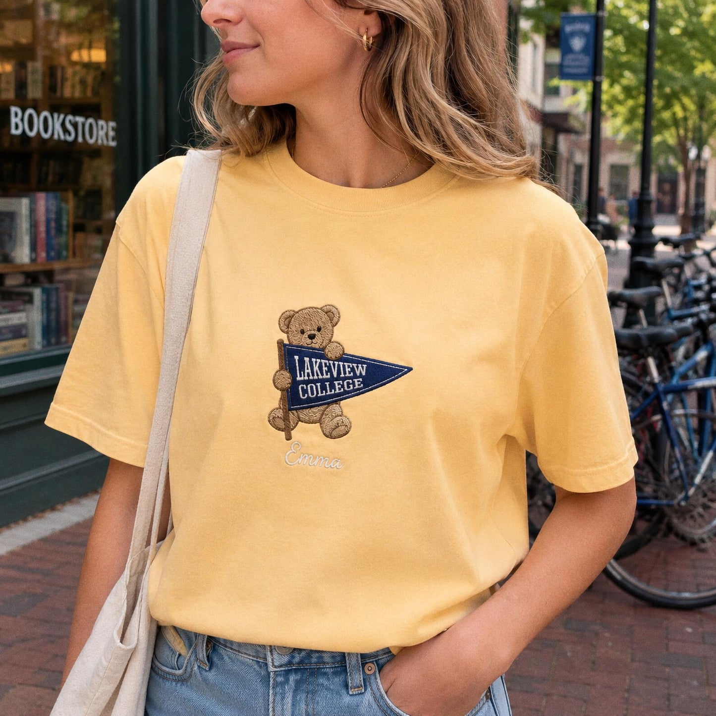 Custom College Pennant Bear Sweatshirt, Personalized University Mascot Shirt, Embroidered School Spirit Crewneck, Graduation Gift