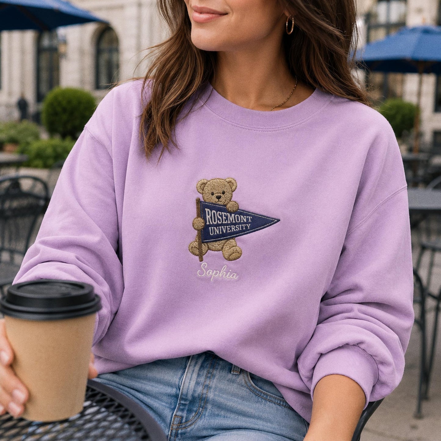 Custom College Pennant Bear Sweatshirt, Personalized University Mascot Shirt, Embroidered School Spirit Crewneck, Graduation Gift
