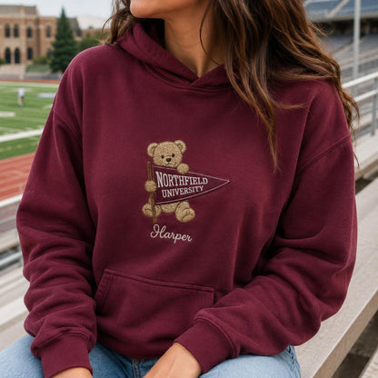 Custom College Pennant Bear Sweatshirt, Personalized University Mascot Shirt, Embroidered School Spirit Crewneck, Graduation Gift