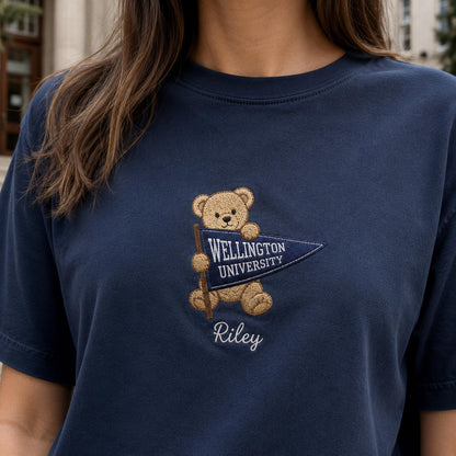 Custom College Pennant Bear Sweatshirt, Personalized University Mascot Shirt, Embroidered School Spirit Crewneck, Graduation Gift