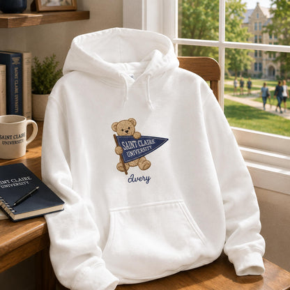 Custom College Pennant Bear Sweatshirt, Personalized University Mascot Shirt, Embroidered School Spirit Crewneck, Graduation Gift