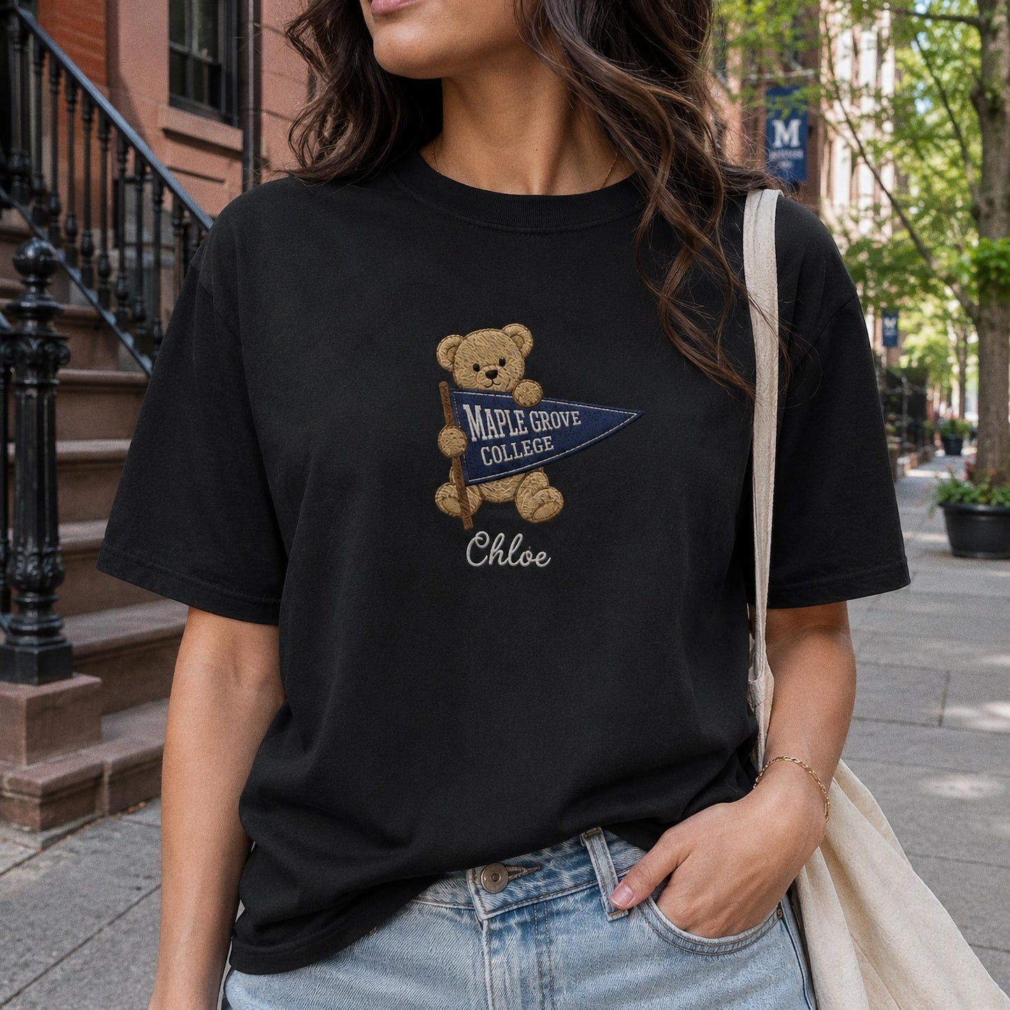 Custom College Pennant Bear Sweatshirt, Personalized University Mascot Shirt, Embroidered School Spirit Crewneck, Graduation Gift
