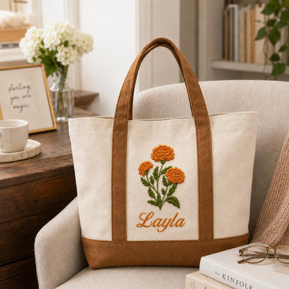 Custom Embroidered Birth Month Flower Tote Bag, Personalized Floral Canvas Bag, Botanical Birthday Gift For Her, Custom Name Bridesmaid Tote