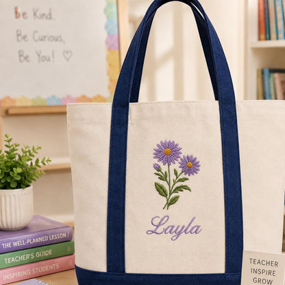Custom Embroidered Birth Month Flower Tote Bag, Personalized Floral Canvas Bag, Botanical Birthday Gift For Her, Custom Name Bridesmaid Tote
