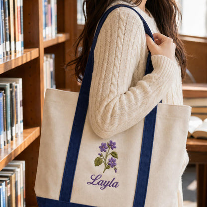 Custom Embroidered Birth Month Flower Tote Bag, Personalized Floral Canvas Bag, Botanical Birthday Gift For Her, Custom Name Bridesmaid Tote