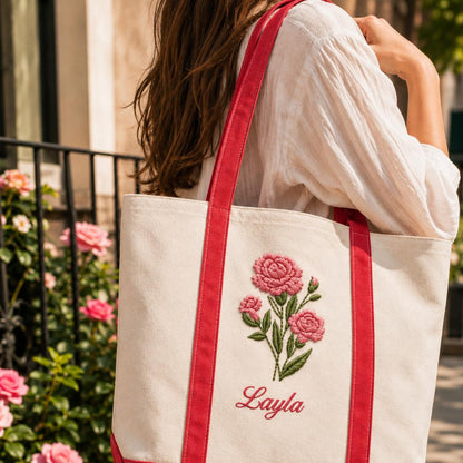 Custom Embroidered Birth Month Flower Tote Bag, Personalized Floral Canvas Bag, Botanical Birthday Gift For Her, Custom Name Bridesmaid Tote