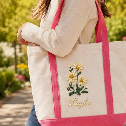 Custom Embroidered Birth Month Flower Tote Bag, Personalized Floral Canvas Bag, Botanical Birthday Gift For Her, Custom Name Bridesmaid Tote